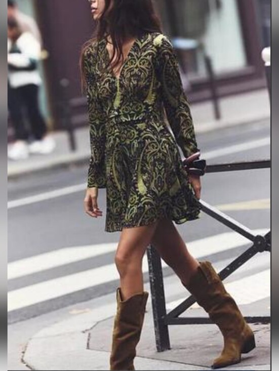 Zara Dresses & Skirts - ZARA Print A-Line Long-Sleeve V-Neck Mini Dress - Green